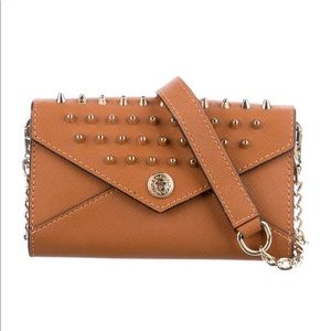 Rebecca Minkoff small gold chain + tan purse